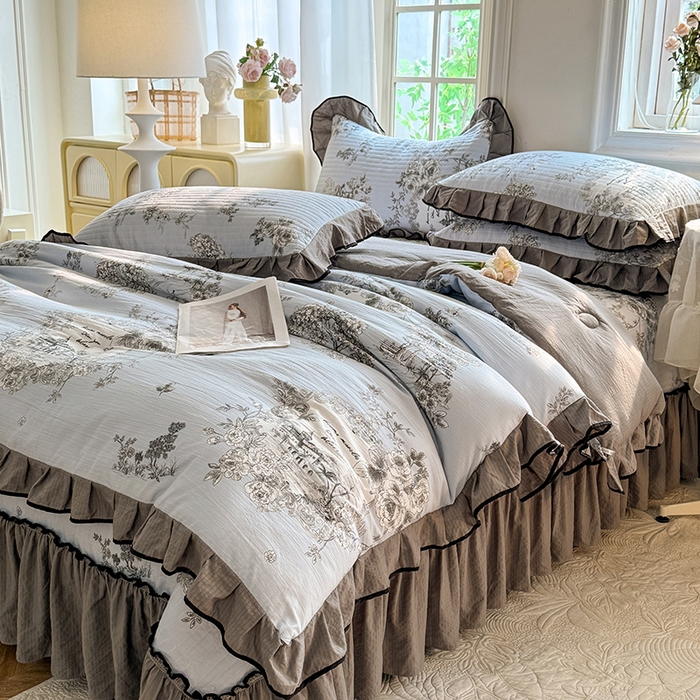 91家纺网 家纺一手货源 找家纺 韩约家纺 2025新款1针织棉皱皱纱床盖款夏凉被春秋被冬被四件套 巴克庄园