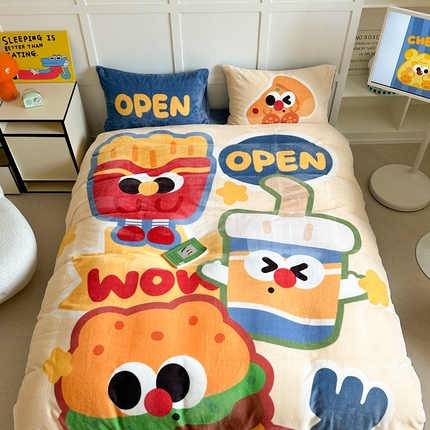 91家纺网 家纺一手货源 找家纺 美乐迪家纺 2024新款高克重牛奶绒卡通印花四件套 汉堡