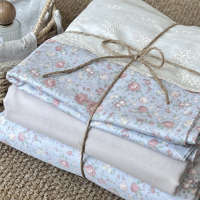 91家纺网 家纺一手货源 找家纺 2024新款全棉印花双层纱四件套--蕾丝花边款 尽染