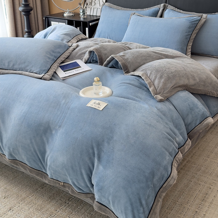 91家纺网 家纺一手货源 找家纺 欧邦 新款纯色牛奶绒单被套夹棉床盖三件套四件套 蔚蓝+浅灰