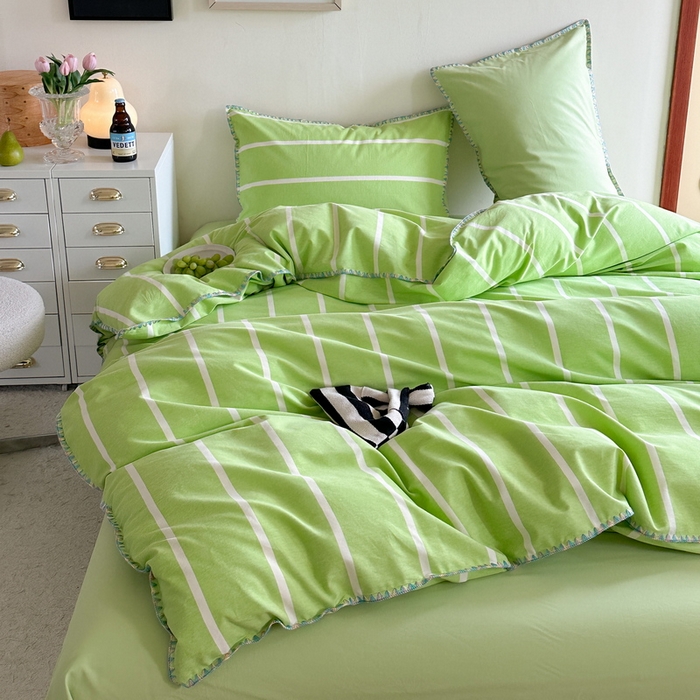 91家纺网 家纺一手货源 找家纺 艾莱家纺 2024新款七彩贝壳系列100S全棉柔顺加厚磨毛四件套 幻珊-绿宽条