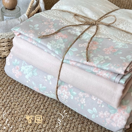 2024新款全棉印花双层纱四件套--蕾丝花边款繁园