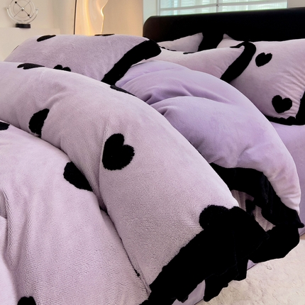 米莱家纺 2024新款高克重剪花雕花阳离子牛奶绒四件套 爱心-紫