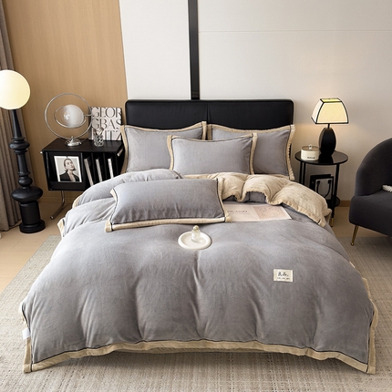 91家纺网 家纺一手货源 找家纺 欧邦 新款纯色牛奶绒单被套夹棉床盖三件套四件套 浅灰+卡其