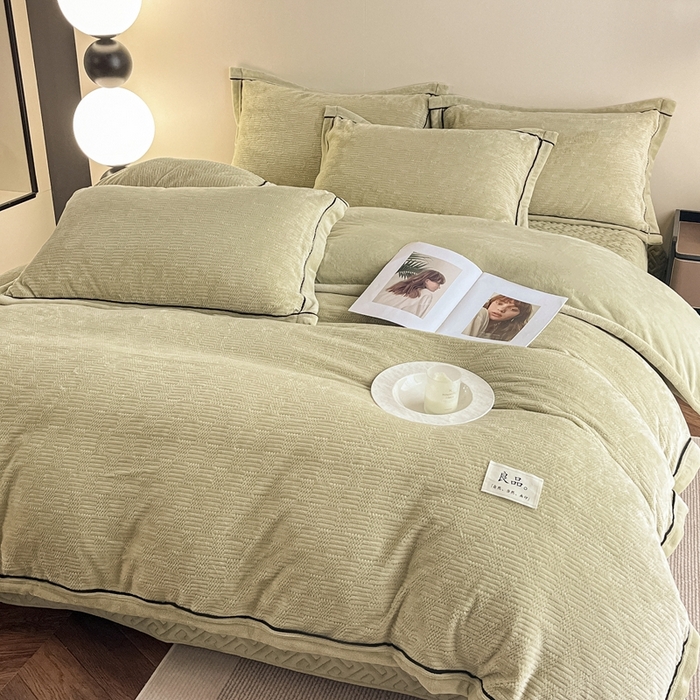 91家纺网 家纺一手货源 找家纺 欧邦 新款提花针织绒牛奶绒单被套夹棉床盖三件套四件套 初见-芥黄