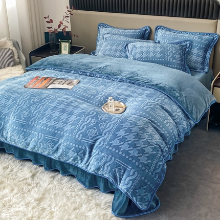 91家纺网 家纺一手货源 找家纺 2024新款日产1万套+直播爆款8.5斤高克重牛奶绒四件套法莱绒金貂 千鸟格-蓝