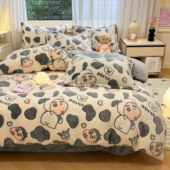 91家纺网 家纺一手货源 找家纺 贝扬思家纺 2024新款加厚雪花绒印花四件套 单纯小新