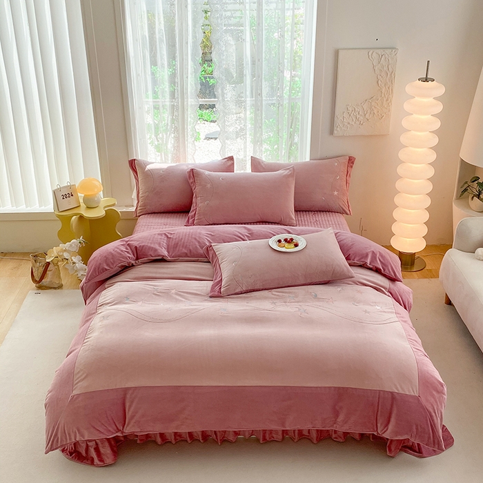 91家纺网 家纺一手货源 找家纺 美伦美焕 2024新款宝宝绒星月床盖四件套 星月 豆沙