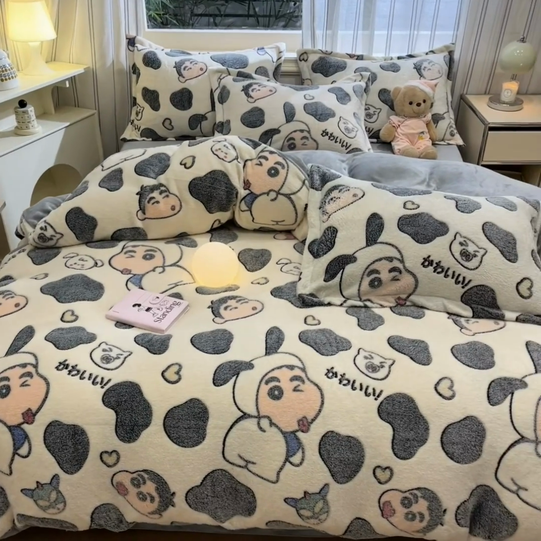 91家纺网 家纺一手货源 找家纺 贝扬思家纺 2024新款加厚雪花绒印花四件套 单纯小新