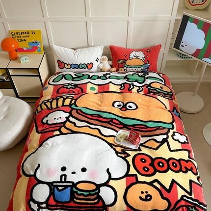 美乐迪家纺 2024新款高克重牛奶绒卡通印花四件套 汉堡狗—红
