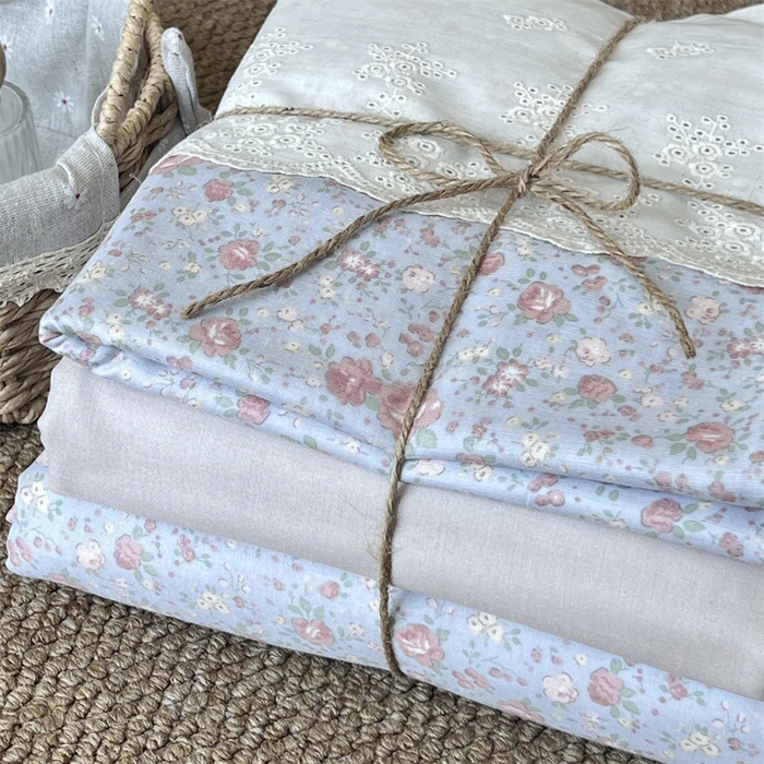 91家纺网 家纺一手货源 找家纺 2024新款全棉印花双层纱四件套--蕾丝花边款 尽染