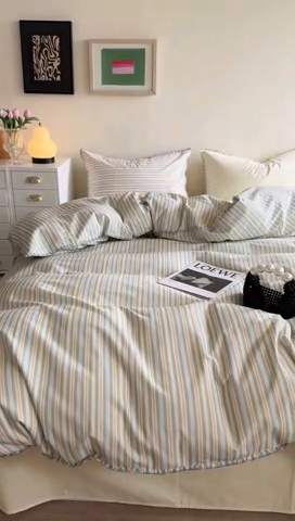 91家纺网 家纺一手货源 找家纺 艾莱家纺 2024新款七彩贝壳系列100S全棉柔顺加厚磨毛四件套 幻珊-黄细条