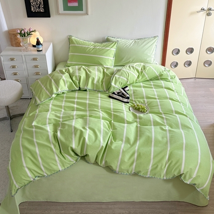 91家纺网 家纺一手货源 找家纺 艾莱家纺 2024新款七彩贝壳系列100S全棉柔顺加厚磨毛四件套 幻珊-绿宽条