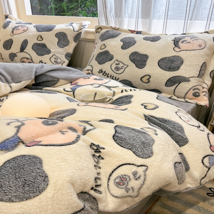 91家纺网 家纺一手货源 找家纺 贝扬思家纺 2024新款加厚雪花绒印花四件套 单纯小新