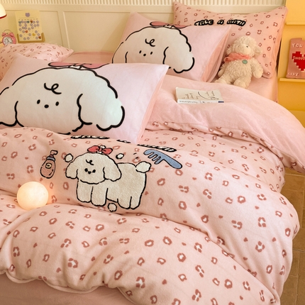 呗旺鹿 2024新款高克重卡通印花牛奶绒四件套毛巾绣牛奶绒四件套 爱洗澡的几米