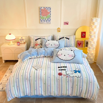 91家纺网 家纺一手货源 找家纺 呗旺鹿 2024新款高克重卡通印花牛奶绒四件套毛巾绣牛奶绒四件套 毛线贝丽