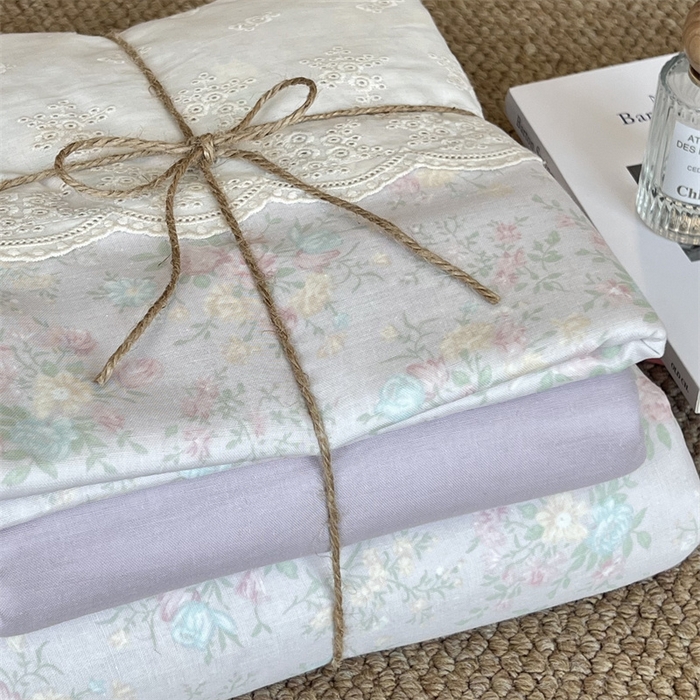 91家纺网 家纺一手货源 找家纺 2024新款全棉印花双层纱四件套--蕾丝花边款  薇薇安-紫