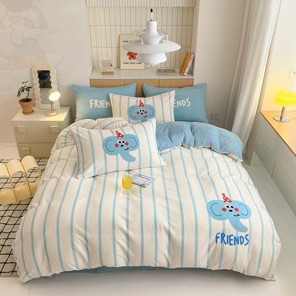91家纺网 家纺一手货源 找家纺 2024新款大版卡通双面高克重牛奶绒床单款四件套 小象