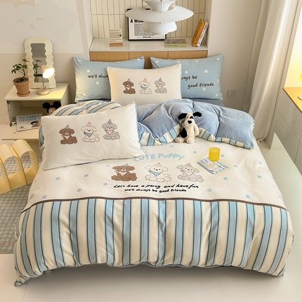 2024新款大版卡通双面高克重牛奶绒床单款四件套 快乐汪