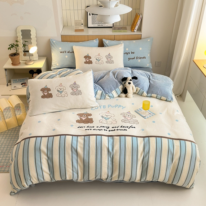 91家纺网 家纺一手货源 找家纺 2024新款大版卡通双面高克重牛奶绒床单款四件套 快乐汪