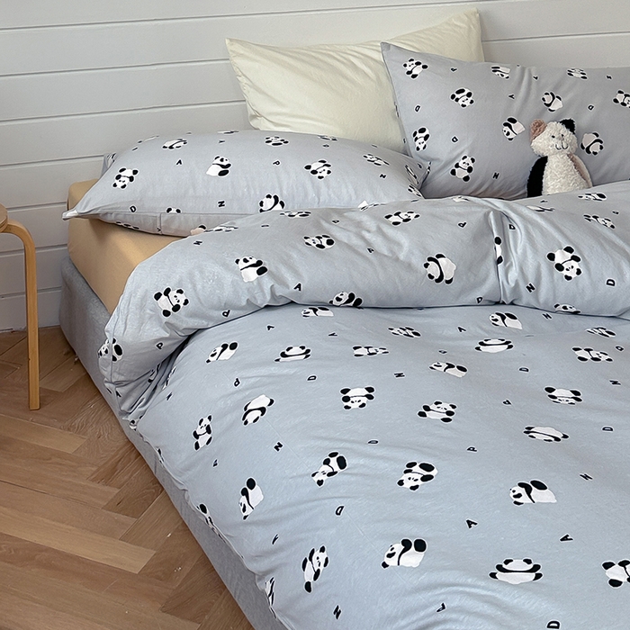 91家纺网 家纺一手货源 找家纺 梦可莱家居 2024新款A类亲肤舒适全棉针织棉四件套 熊猫-蓝