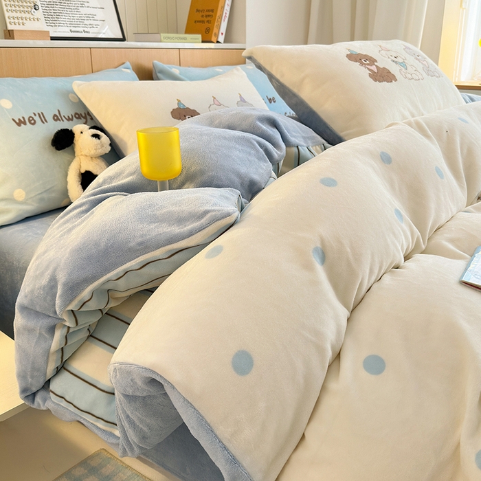 91家纺网 家纺一手货源 找家纺 2024新款大版卡通双面高克重牛奶绒床单款四件套 快乐汪