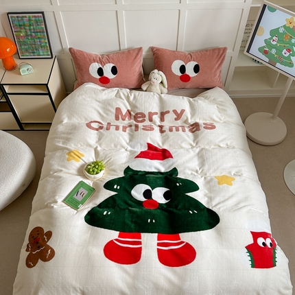 91家纺网 家纺一手货源 找家纺 美乐迪家纺 2024新款高克重牛奶绒卡通印花四件套 圣诞树