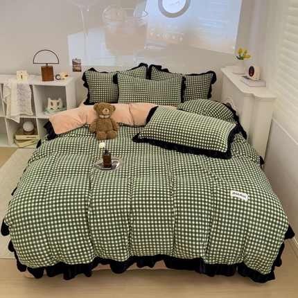 米莱家纺 2024新款韩式花边牛奶绒四件套 奶油绿格