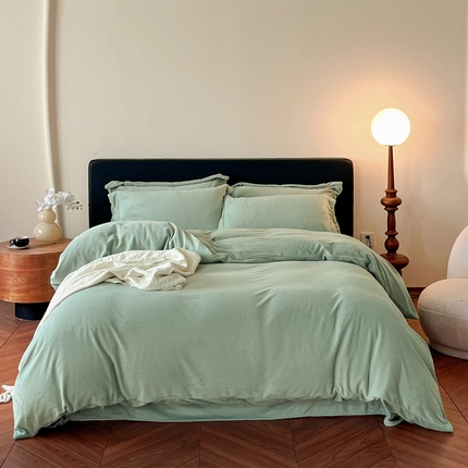 万盛家纺 2025新款全消光加厚230克牛奶绒拼色四件套  简昔绿