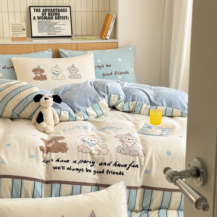 91家纺网 家纺一手货源 找家纺 2024新款大版卡通双面高克重牛奶绒床单款四件套 快乐汪