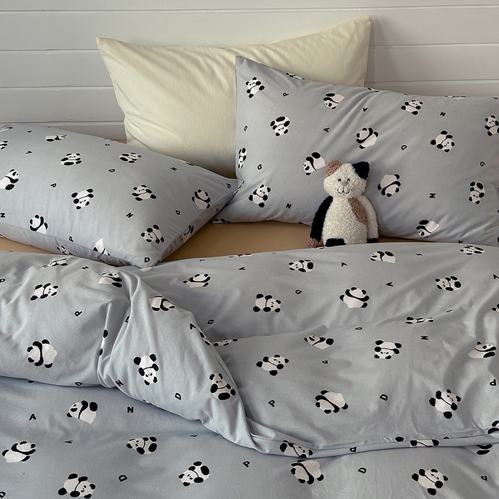 91家纺网 家纺一手货源 找家纺 梦可莱家居 2024新款A类亲肤舒适全棉针织棉四件套 熊猫-蓝