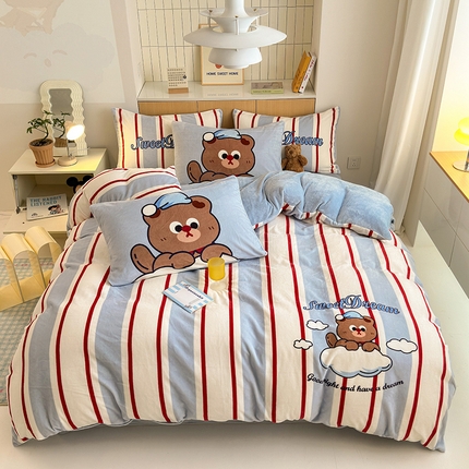 2024新款大版卡通双面高克重牛奶绒床单款四件套 云朵熊