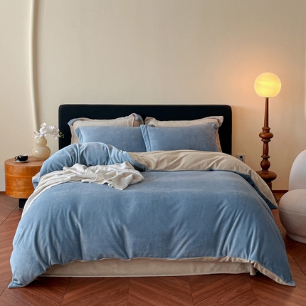 万盛家纺 2025新款全消光加厚230克牛奶绒拼色四件套  灰兰-星暖咖
