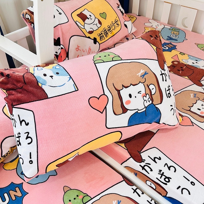 91家纺网 家纺一手货源 找家纺 小虾米 2024新款加厚上下床牛奶绒床笠款 开心女孩