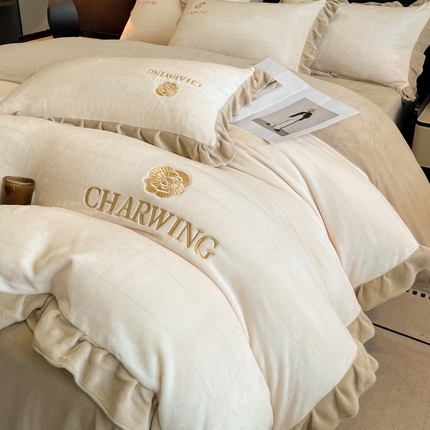 （总）耀达家居 2024新款高克重韩版纯色绣花刺绣牛奶绒四件套