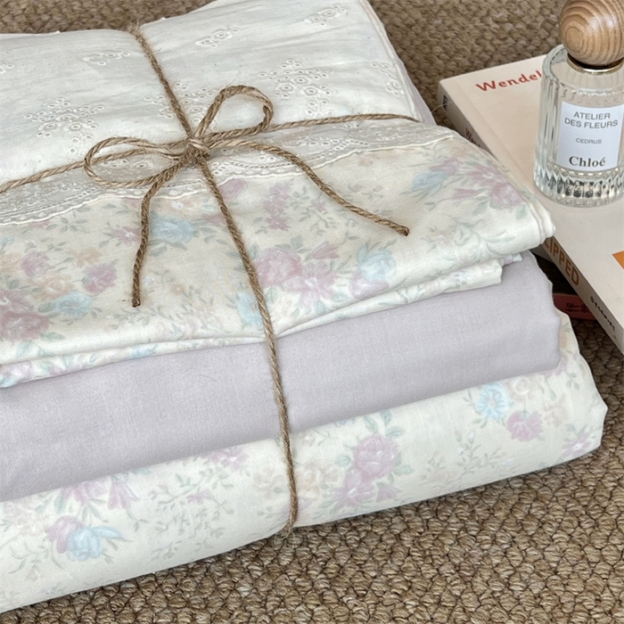 91家纺网 家纺一手货源 找家纺 2024新款全棉印花双层纱四件套--蕾丝花边款 薇薇安