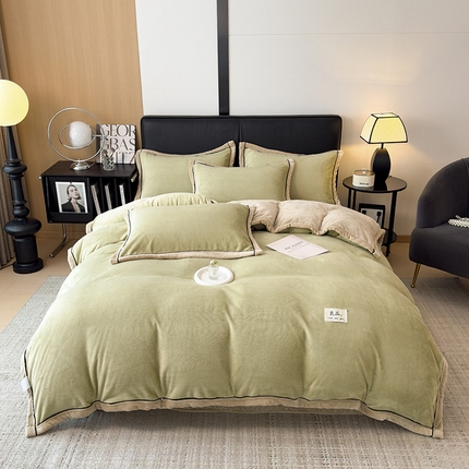 91家纺网 家纺一手货源 找家纺 欧邦 新款纯色牛奶绒单被套夹棉床盖三件套四件套 芥黄+卡其