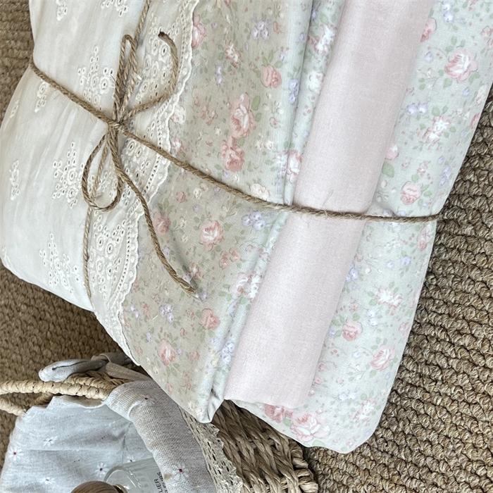 91家纺网 家纺一手货源 找家纺 2024新款全棉印花双层纱四件套--蕾丝花边款 尽染-绿