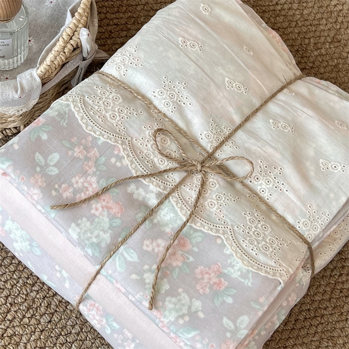 91家纺网 家纺一手货源 找家纺 2024新款全棉印花双层纱四件套--蕾丝花边款 繁园