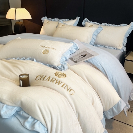 耀达家居 2024新款高克重韩版纯色绣花刺绣牛奶绒四件套 山茶暖白+浅蓝