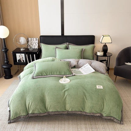 91家纺网 家纺一手货源 找家纺 欧邦 新款纯色牛奶绒单被套夹棉床盖三件套四件套 柳绿+浅灰