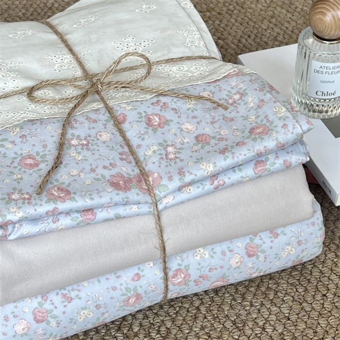 91家纺网 家纺一手货源 找家纺 2024新款全棉印花双层纱四件套--蕾丝花边款 尽染