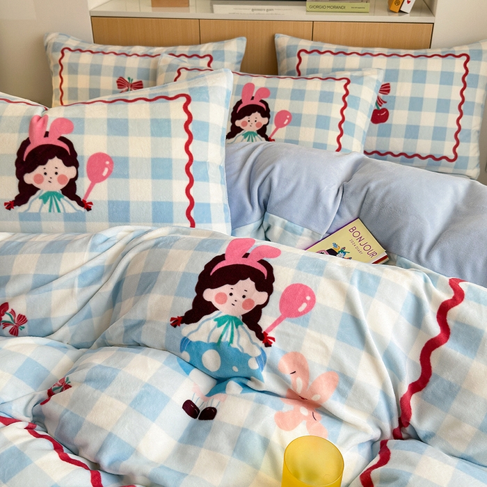 91家纺网 家纺一手货源 找家纺 2024新款大版卡通双面高克重牛奶绒床单款四件套 小女孩