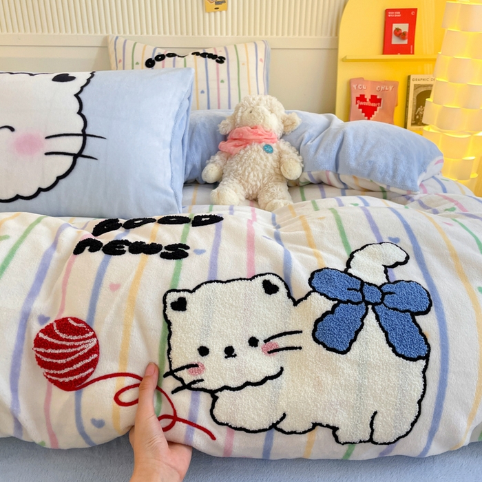 91家纺网 家纺一手货源 找家纺 呗旺鹿 2024新款高克重卡通印花牛奶绒四件套毛巾绣牛奶绒四件套 毛线贝丽