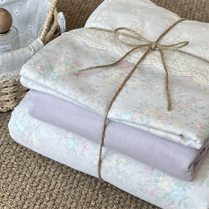 91家纺网 家纺一手货源 找家纺 2024新款全棉印花双层纱四件套--蕾丝花边款  薇薇安-紫