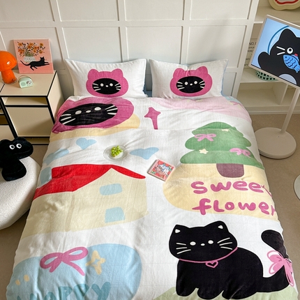 美乐迪家纺 2024新款高克重牛奶绒卡通印花四件套 黑猫