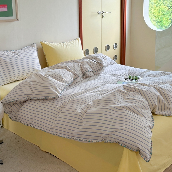 91家纺网 家纺一手货源 找家纺 艾莱家纺 2024新款七彩贝壳系列100S全棉柔顺加厚磨毛四件套 幻珊-蓝黄中条