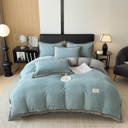 91家纺网 家纺一手货源 找家纺 欧邦 新款纯色牛奶绒单被套夹棉床盖三件套四件套 天蓝+浅灰