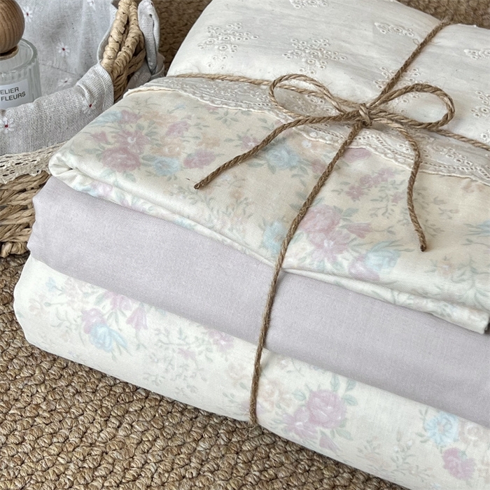 91家纺网 家纺一手货源 找家纺 2024新款全棉印花双层纱四件套--蕾丝花边款 薇薇安