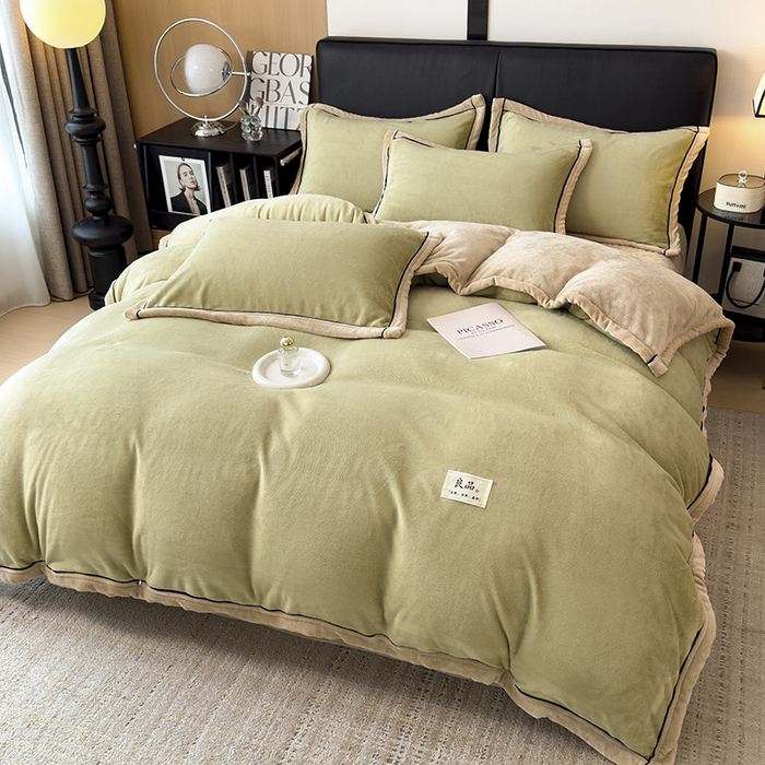 91家纺网 家纺一手货源 找家纺 欧邦 新款纯色牛奶绒单被套夹棉床盖三件套四件套 芥黄+卡其